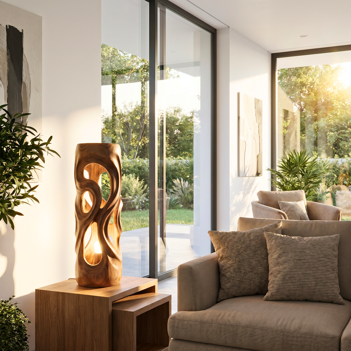Organic Cutout Wood Floor Lamp with Warm Glow