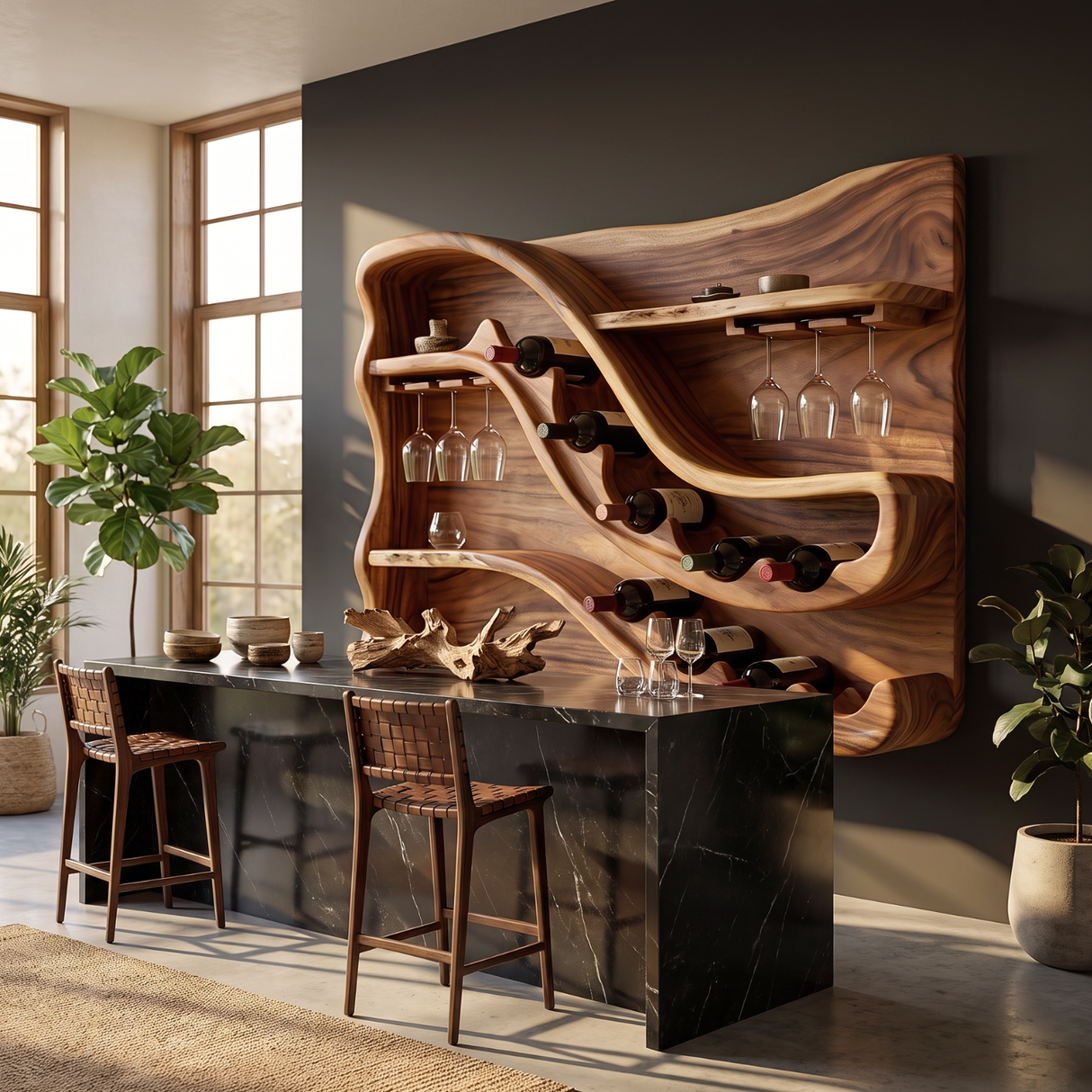 Wall Mounted Wine Rack Solid Wood with Sculptural Wave Shelves