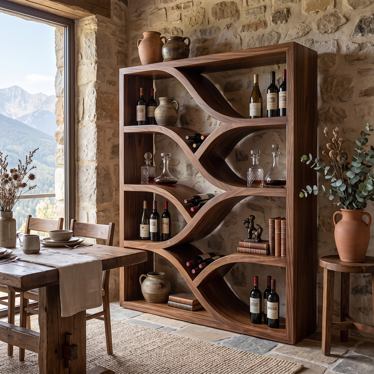 Sculptural Solid Wood Wine Display Cabinet with Flowing Bottle Shelves