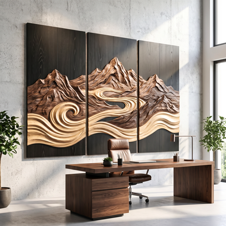 Mountain River Triptych Wood Wall Sculpture