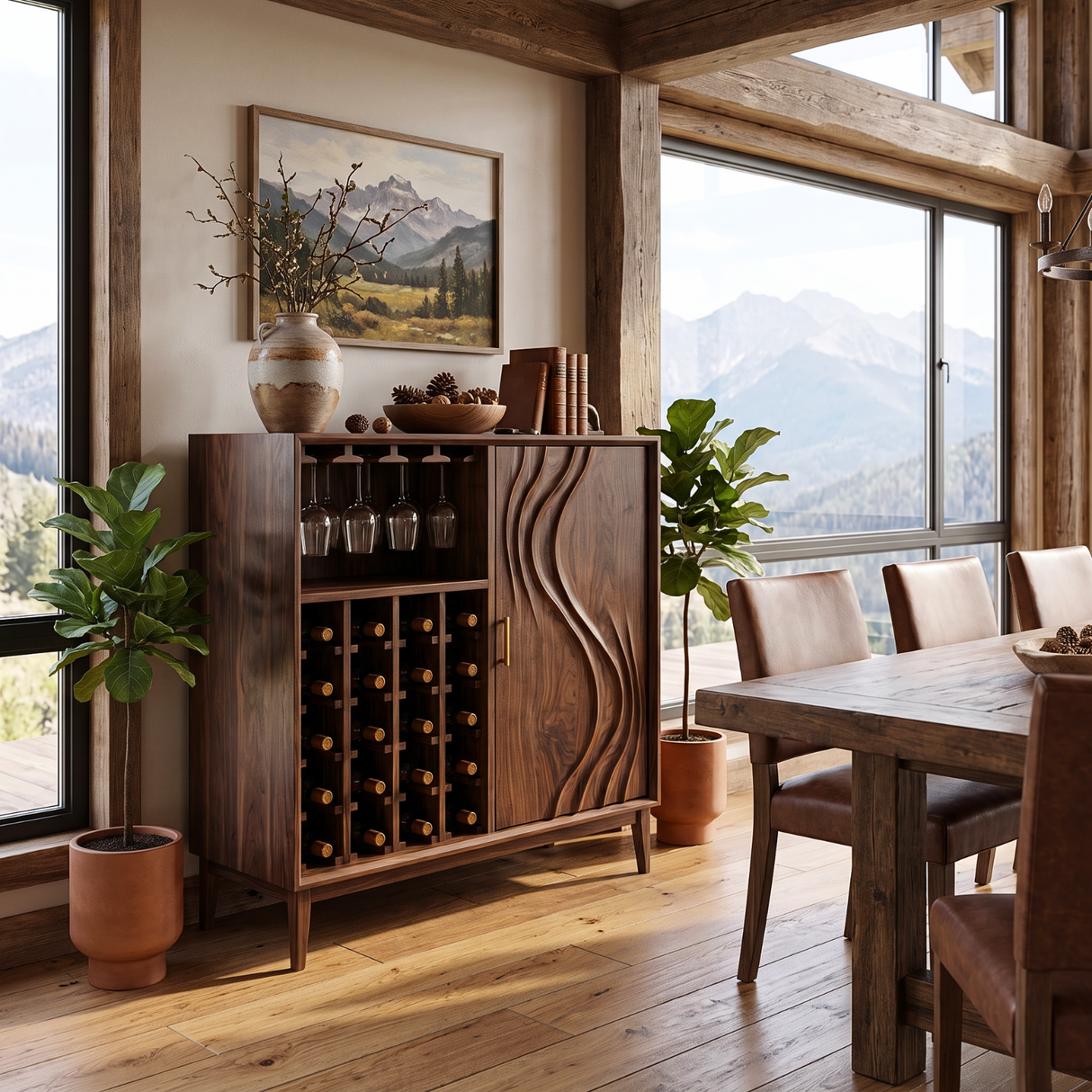 Solid Wood Wine Cabinet with Carved Wave Door for Dining Room