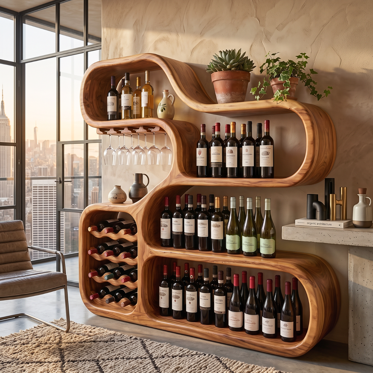 Wine Storage Cabinet Solid Wood with Curved Display Shelves for Home Bar