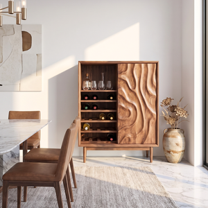 Wine Cabinet Solid Wood with Carved Relief Door and Bottle Shelves for Dining Room