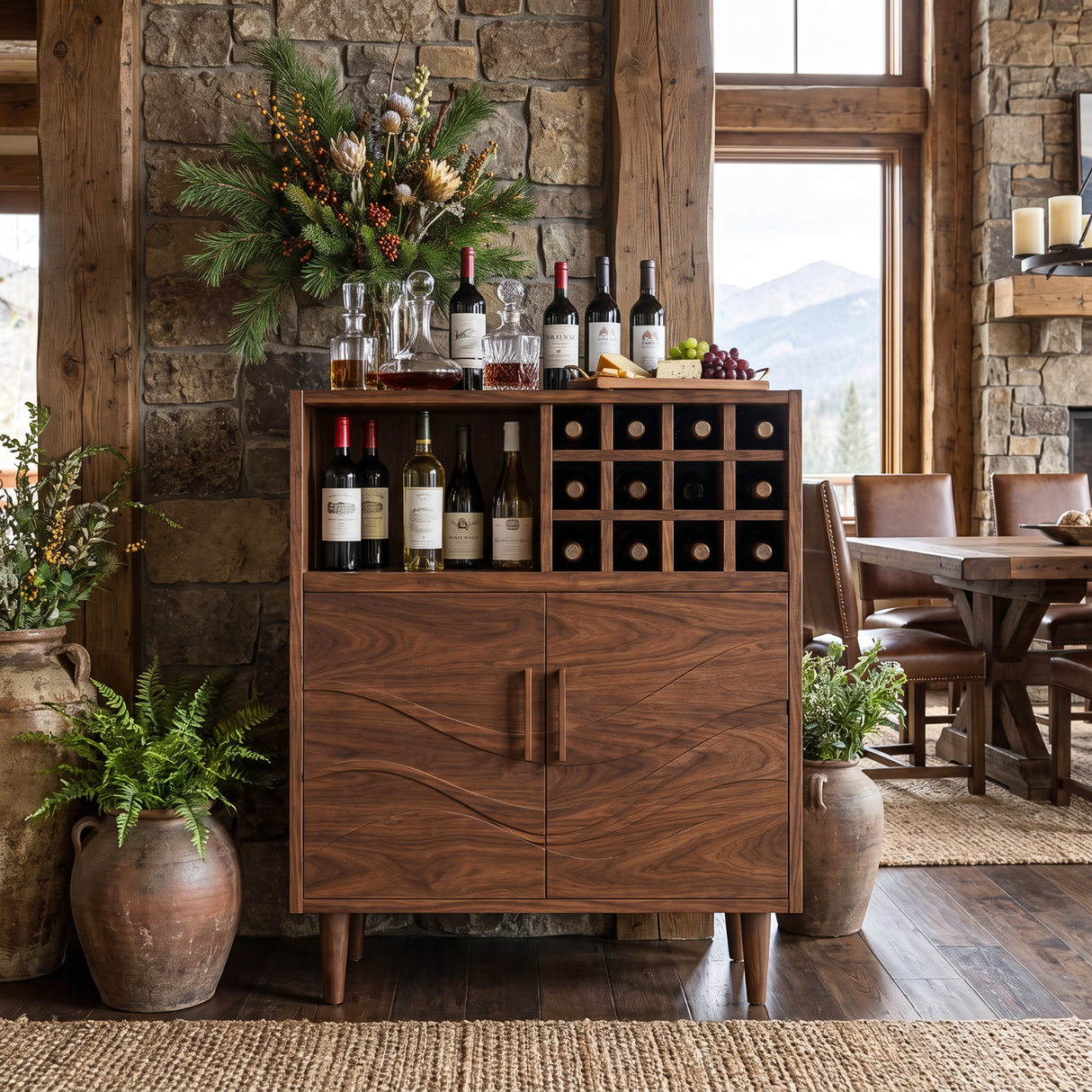 Solid Wood Wine Cabinet with Bottle Grid and Carved Storage Doors