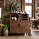 Solid Wood Wine Cabinet with Bottle Grid and Carved Storage Doors