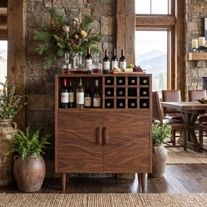 Solid Wood Wine Cabinet with Bottle Grid and Carved Storage Doors