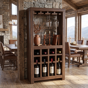 Solid Wood Wine Rack Cabinet with Stemware Holder and Display Shelf