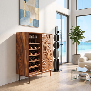 Wine Cabinet Solid Wood with Carved Wave Door and Bottle Storage for Home Bar