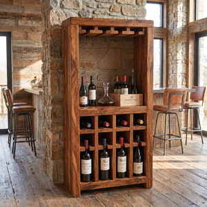 Solid Wood Wine Rack Cabinet with Stemware Holder and Display Shelf