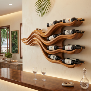 Wall-Mounted Solid Wood Wine Rack with Flowing Wave Shelves