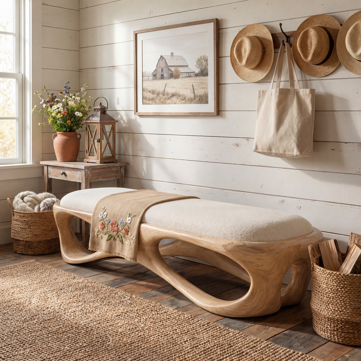 Solid Wood Sculptural Bench with Flowing Open Base for Entryway