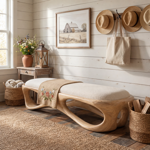Solid Wood Sculptural Bench with Flowing Open Base for Entryway