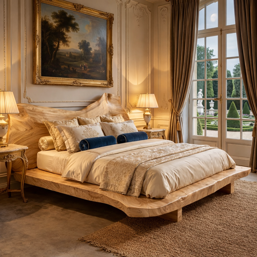 Natural Edge Solid Wood Bed with Sculpted Wave Headboard Design