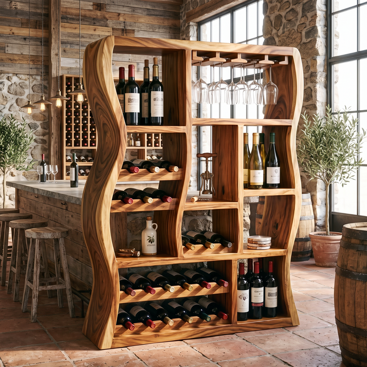 Sculptural Solid Wood Wine Cabinet with Curved Open Compartments