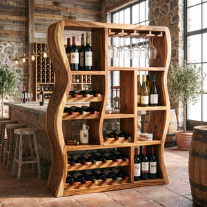 Sculptural Solid Wood Wine Cabinet with Curved Open Compartments