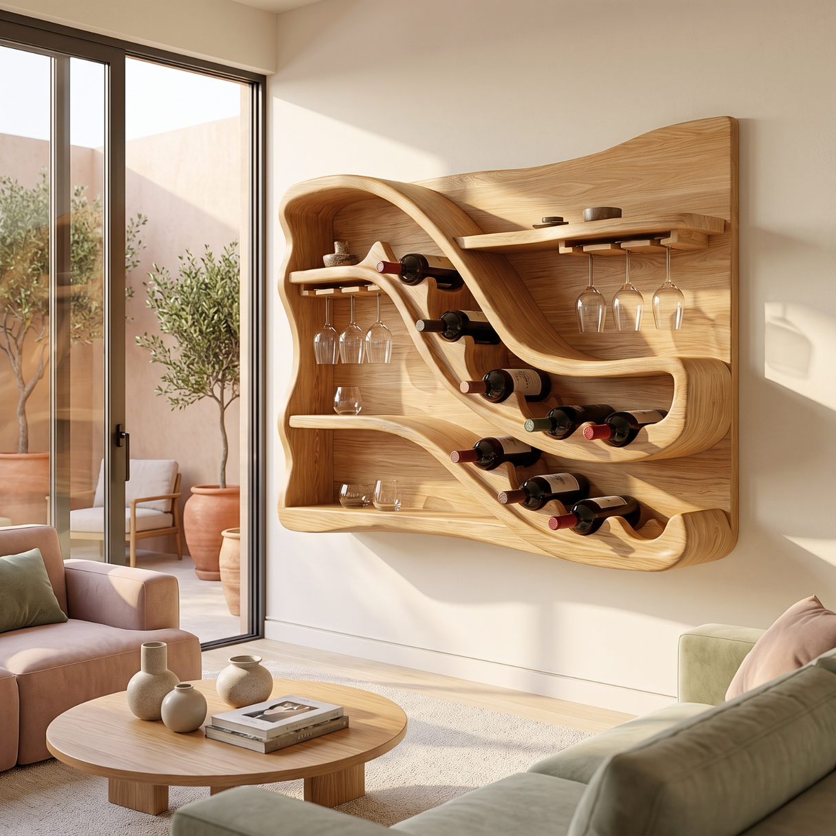 Wall Mounted Wine Rack Solid Wood with Sculptural Wave Shelves