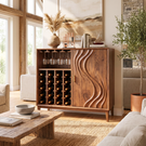 Solid Wood Wine Cabinet with Carved Wave Door for Dining Room