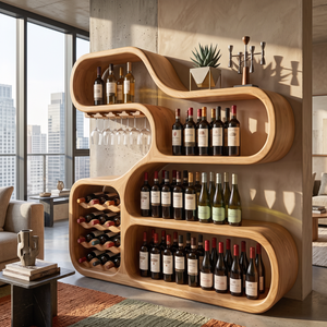 Wine Storage Cabinet Solid Wood with Curved Display Shelves for Home Bar