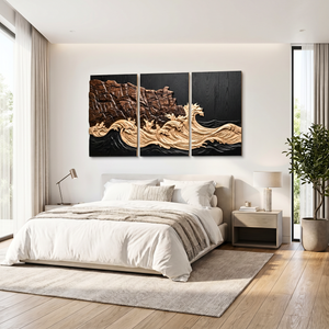 Carved Wood Coastal Triptych Wall Art with Layered Cliff Relief