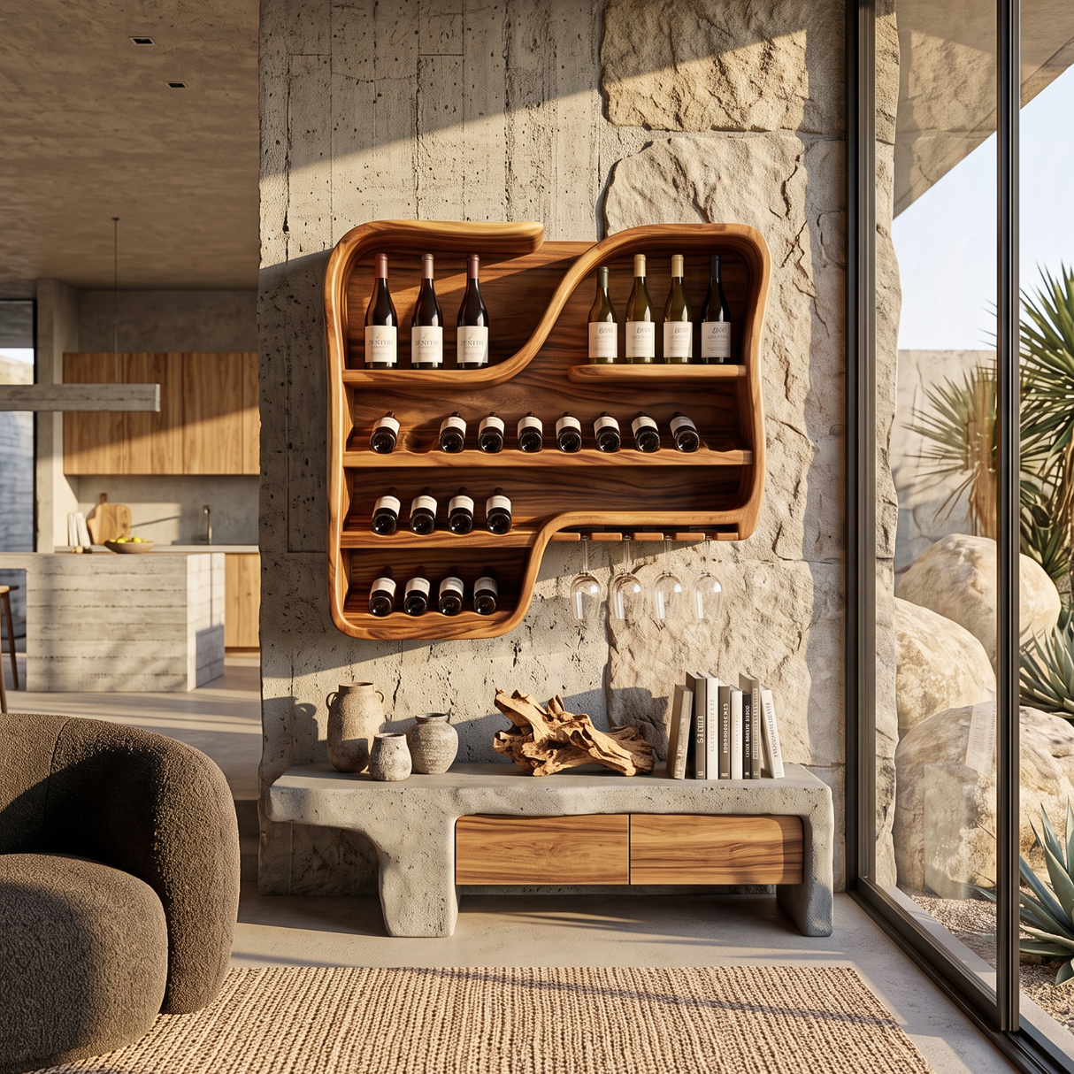 Wall Mounted Wine Rack Solid Wood with Curved Bottle Shelves for Home Bar