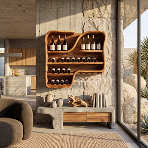 Wall Mounted Wine Rack Solid Wood with Curved Bottle Shelves for Home Bar