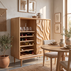 Wine Cabinet Solid Wood with Carved Relief Door and Bottle Shelves for Dining Room