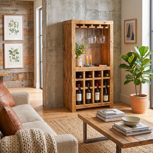 Solid Wood Wine Rack Cabinet with Stemware Holder and Display Shelf