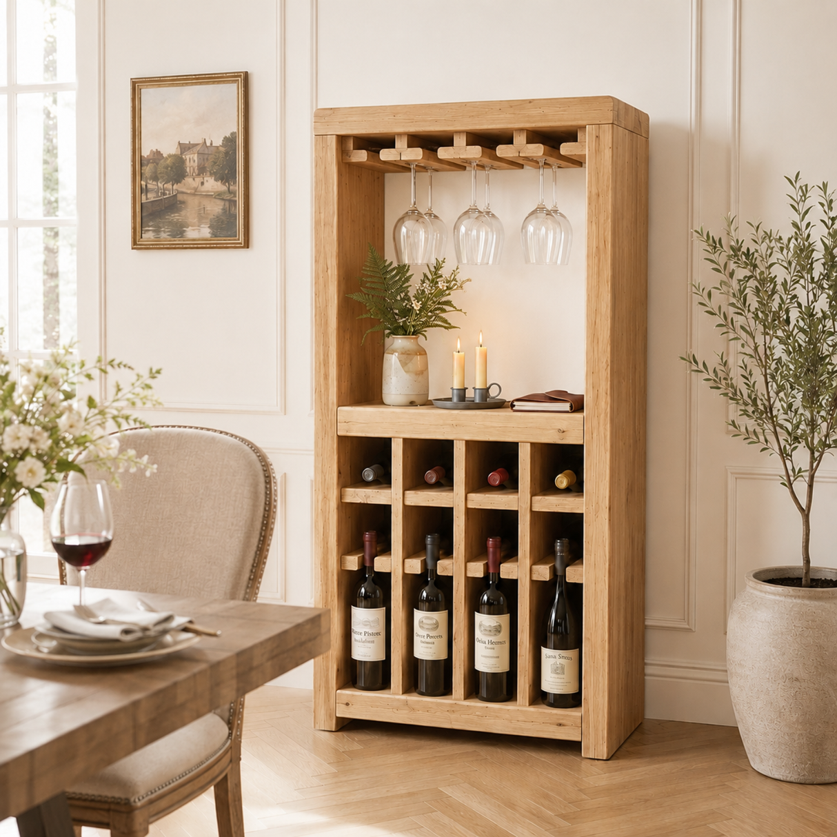 Solid Wood Wine Rack Cabinet with Stemware Holder and Display Shelf
