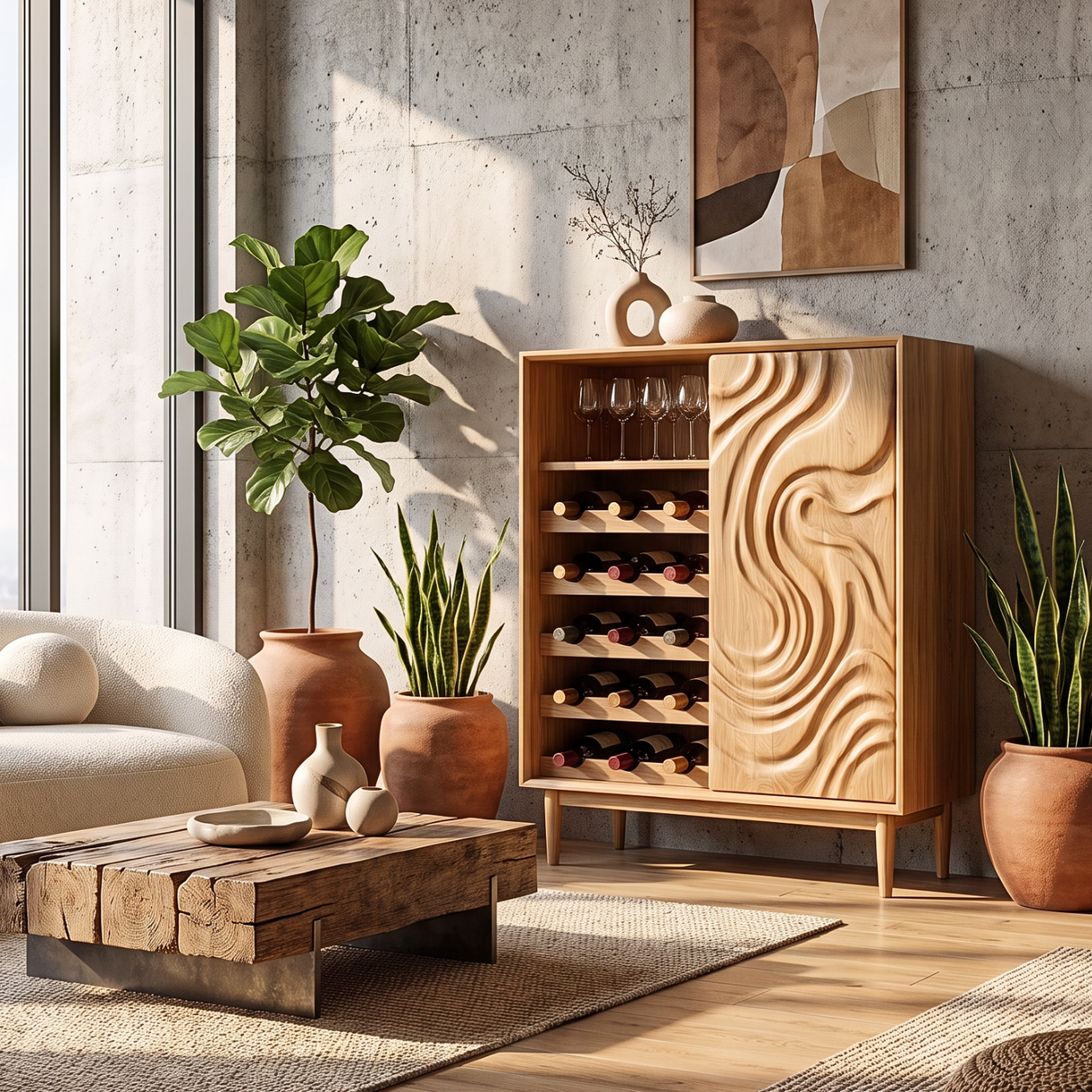 Wine Cabinet Solid Wood with Carved Wave Door and Bottle Storage for Home Bar