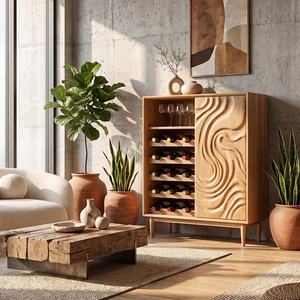 Wine Cabinet Solid Wood with Carved Wave Door and Bottle Storage for Home Bar