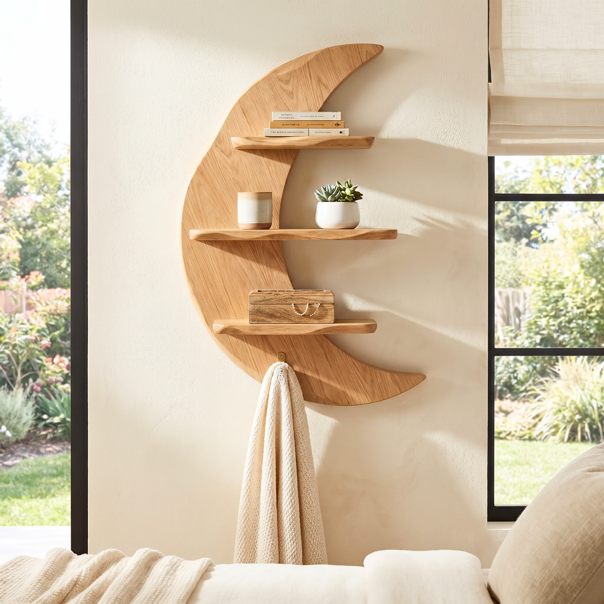 Crescent Moon Wood Wall Shelf with Three Display Tiers