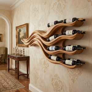 Wall-Mounted Solid Wood Wine Rack with Flowing Wave Shelves