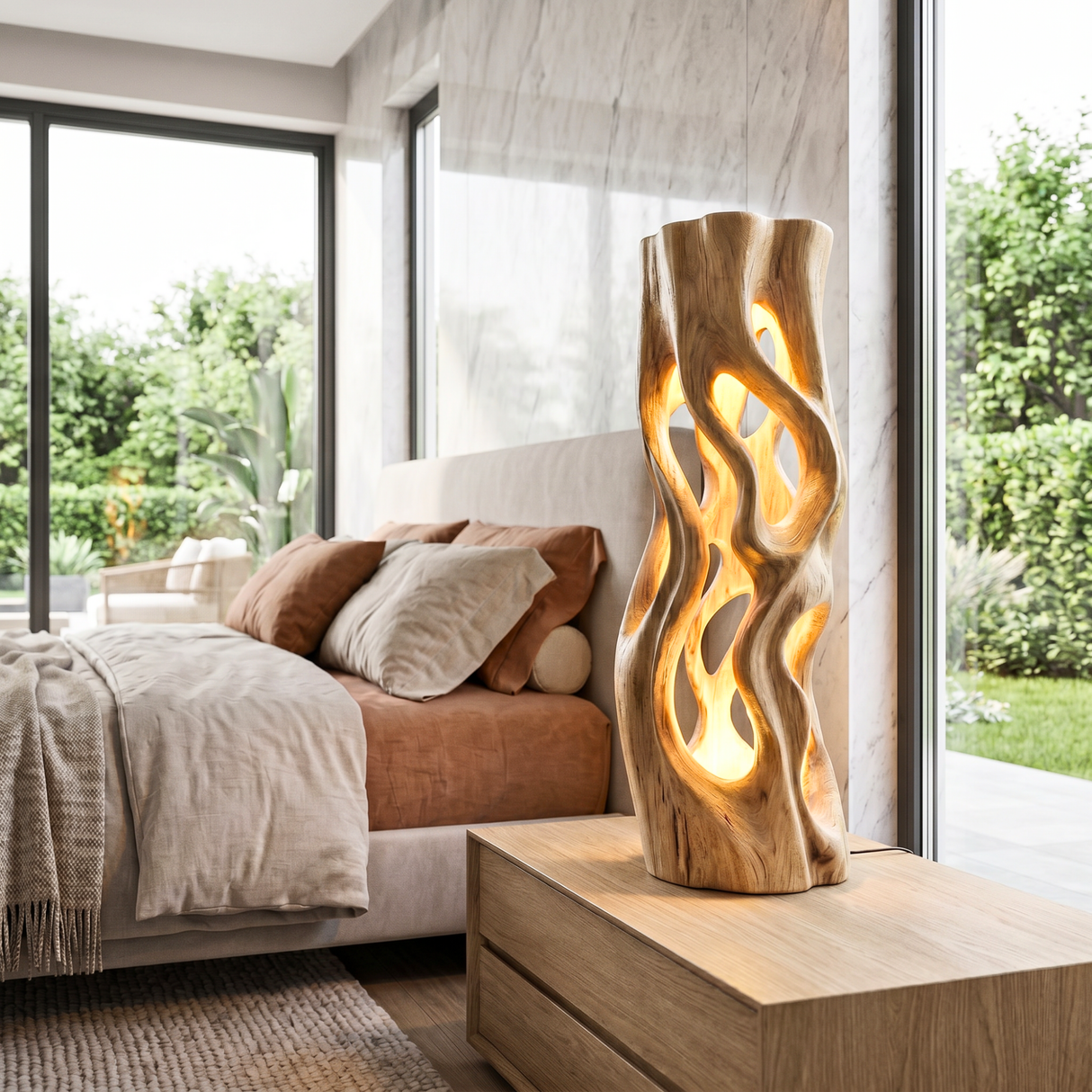 Flowing Cutout Wood Table Lamp with Warm Inner Glow