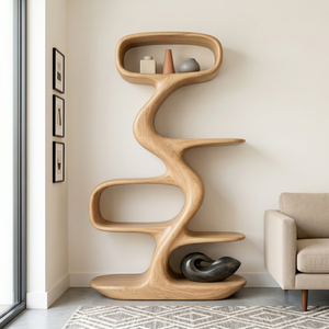 Organic Solid Wood Display Shelf with Flowing S-Shaped Frame
