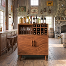 Solid Wood Wine Cabinet with Bottle Grid and Carved Storage Doors