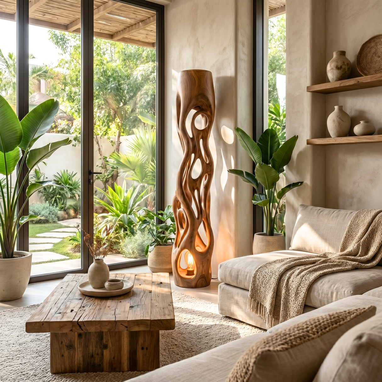 Handcrafted Solid Wood Floor Lamp with Organic Hollow Carved Body