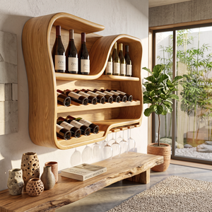 Wall Mounted Wine Rack Solid Wood with Curved Bottle Shelves for Home Bar