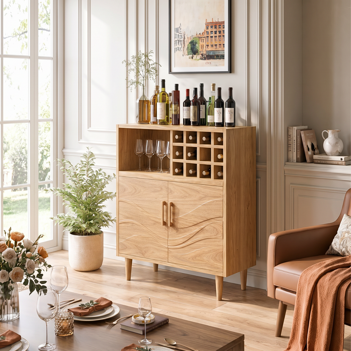 Solid Wood Wine Cabinet with Bottle Grid and Carved Storage Doors