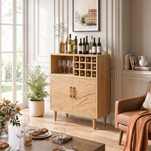 Solid Wood Wine Cabinet with Bottle Grid and Carved Storage Doors