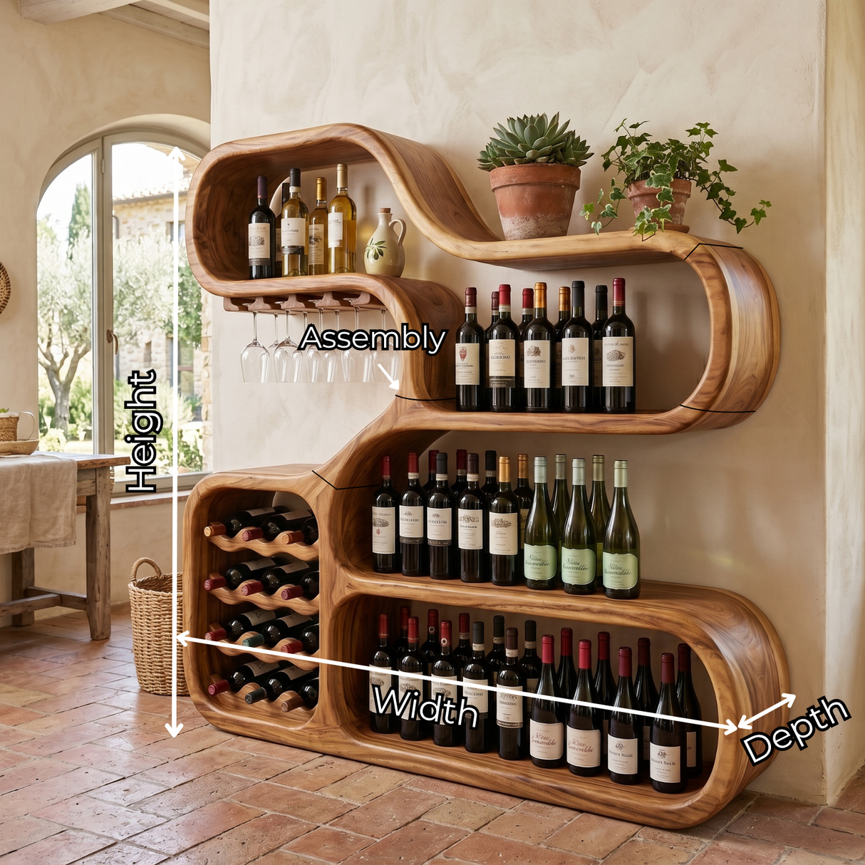 Wine Storage Cabinet Solid Wood with Curved Display Shelves for Home Bar