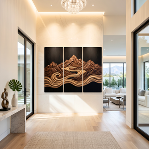 Mountain River Triptych Wood Wall Sculpture