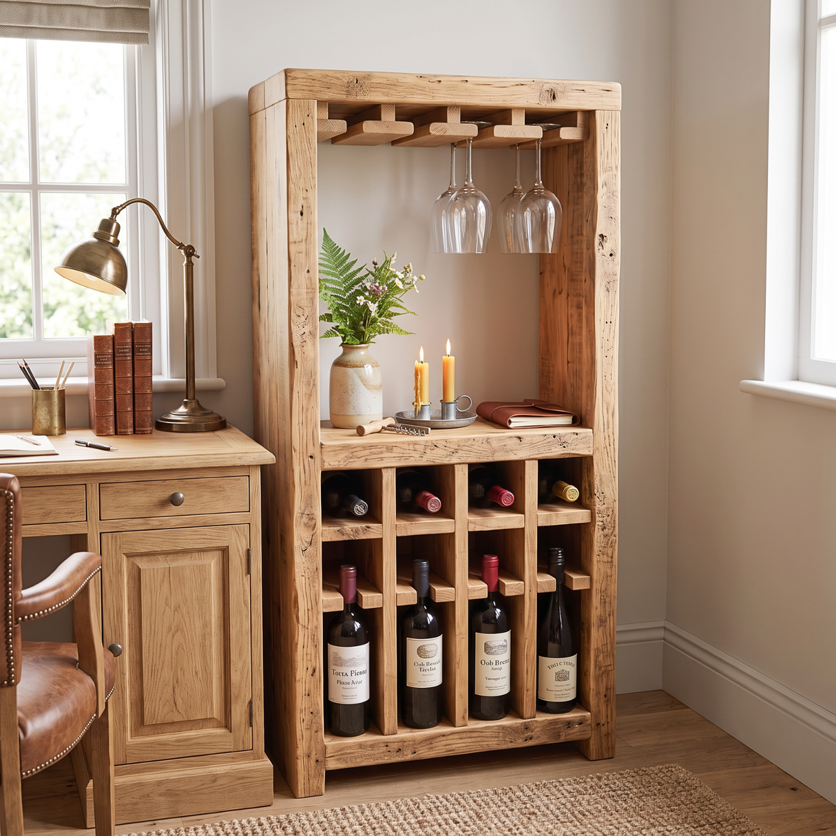 Solid Wood Wine Rack Cabinet with Stemware Holder and Display Shelf