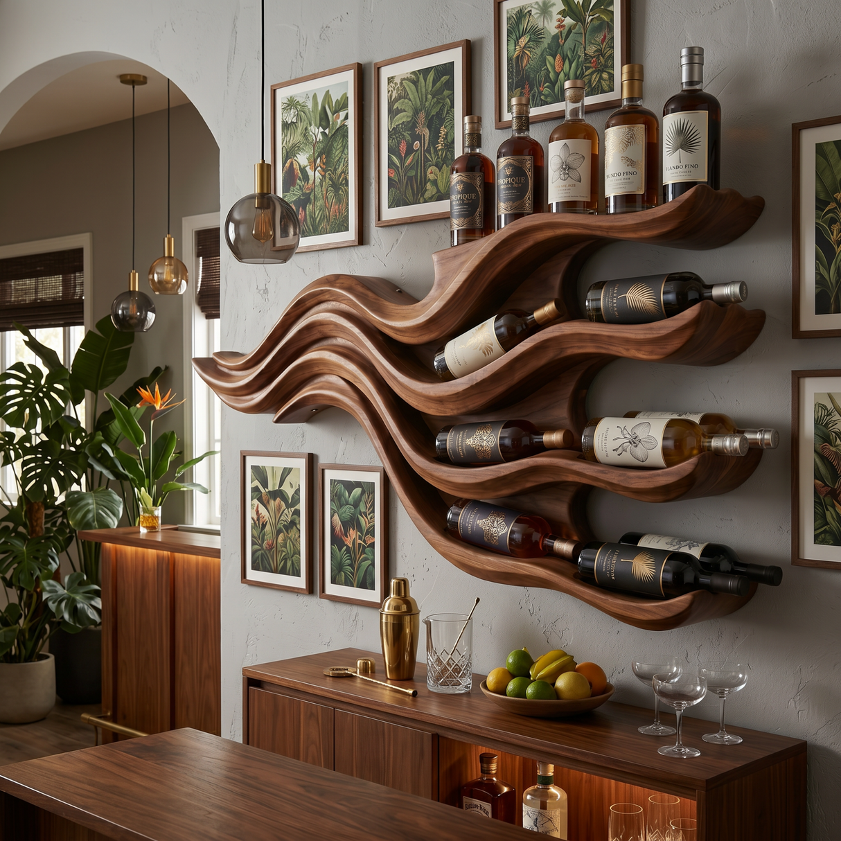 Wall-Mounted Solid Wood Wine Rack with Flowing Wave Shelves