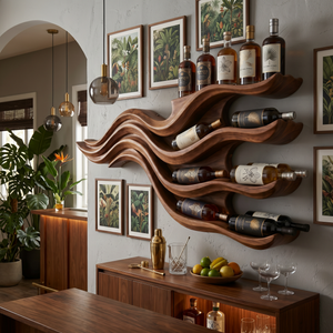 Wall-Mounted Solid Wood Wine Rack with Flowing Wave Shelves