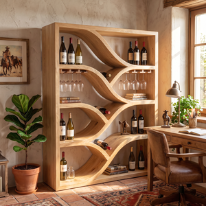 Sculptural Solid Wood Wine Display Cabinet with Flowing Bottle Shelves