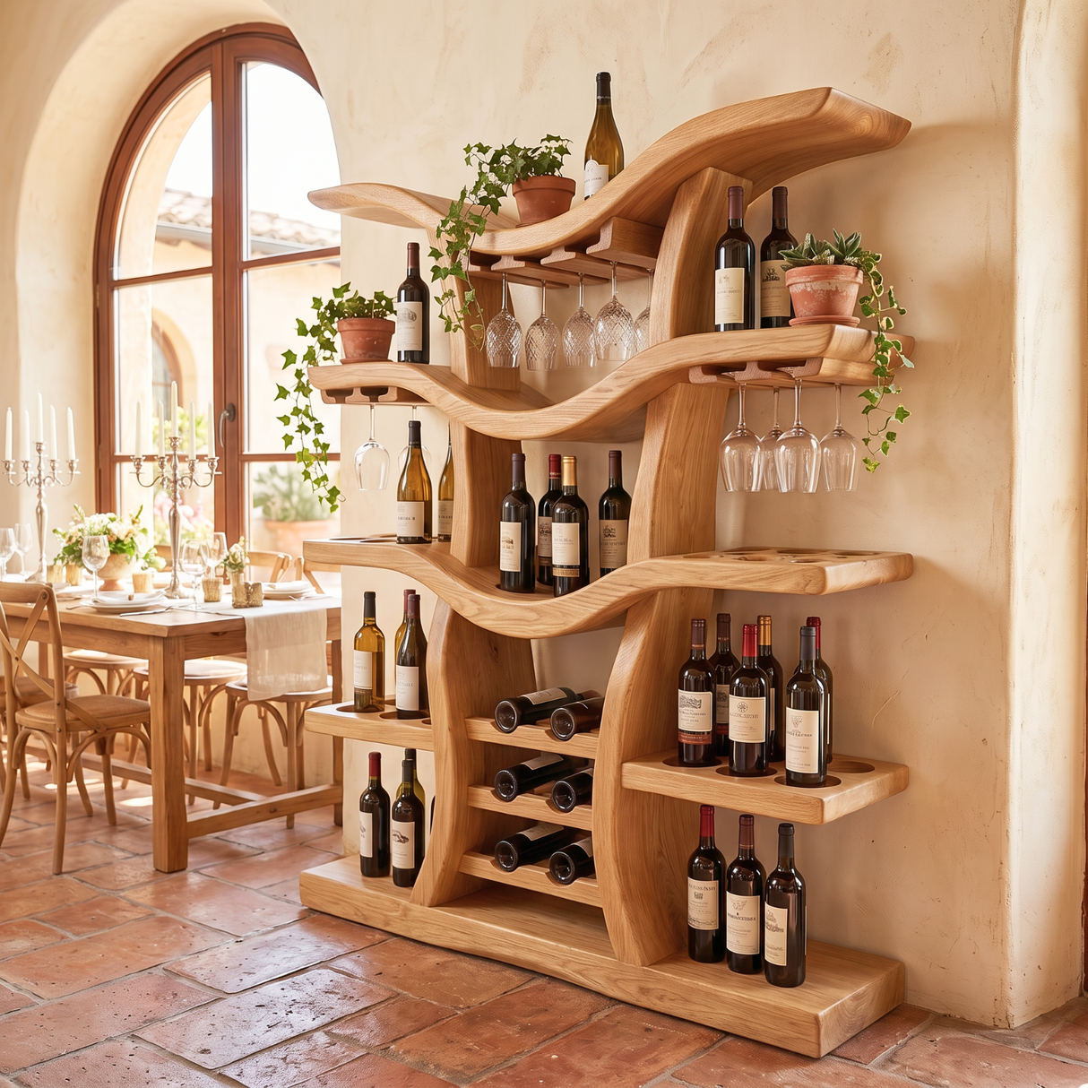 Freestanding Wine Rack Solid Wood with Branching Shelves for Home Bar