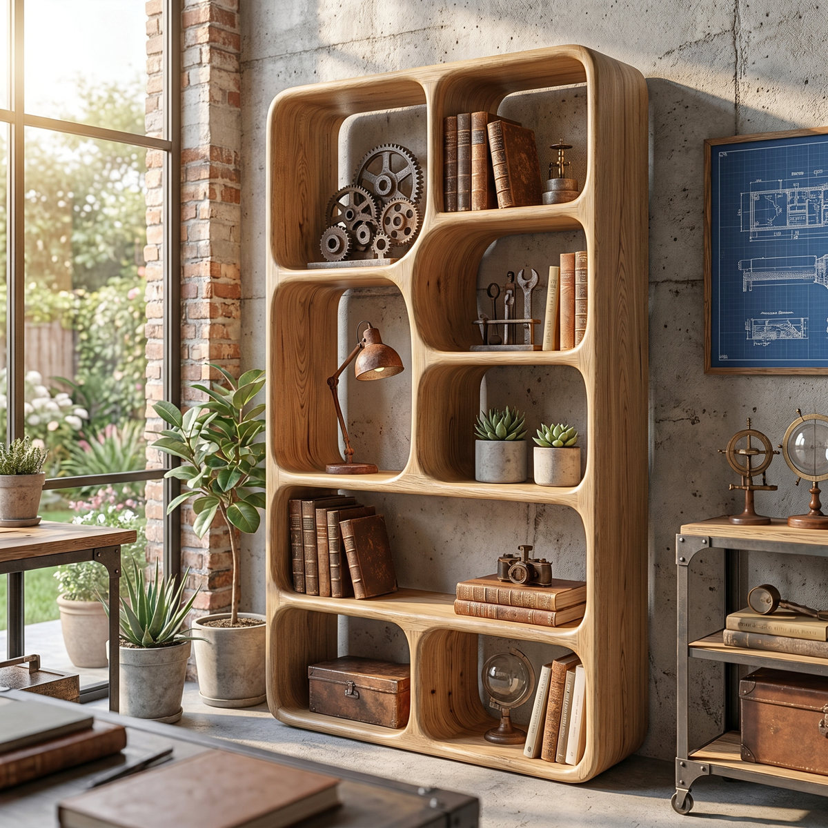 Organic Solid Wood Bookshelf with Rounded Open Display Niches