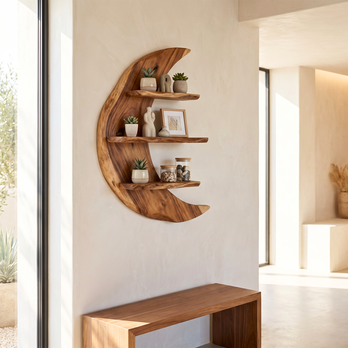 Crescent Moon Wood Wall Shelf with Three Display Tiers