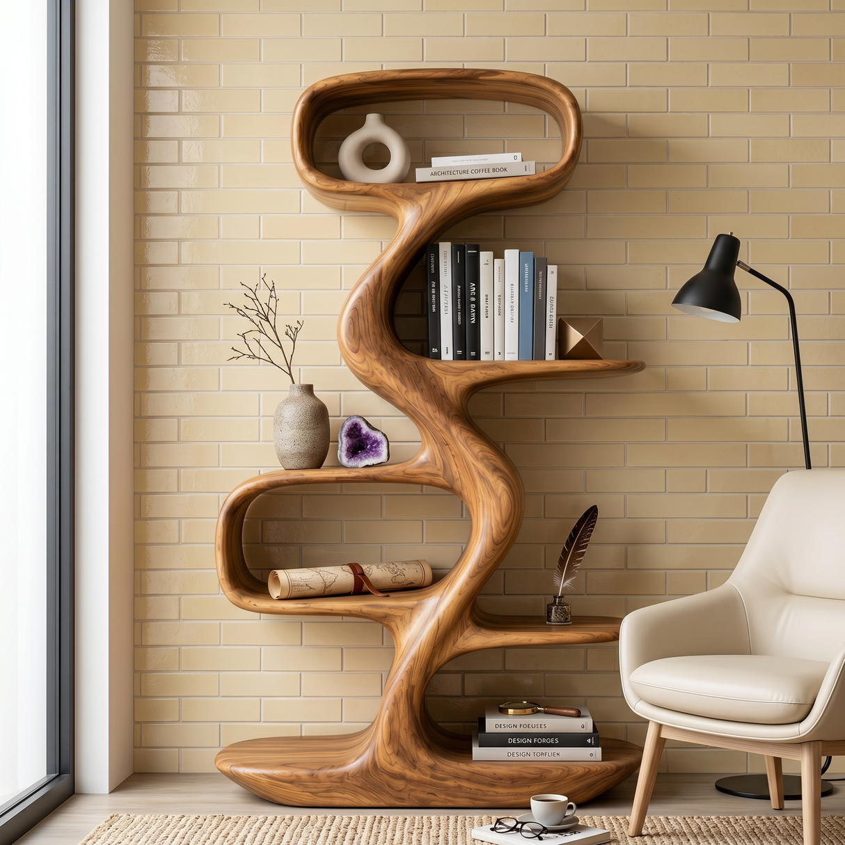 Organic Solid Wood Display Shelf with Flowing S-Shaped Frame