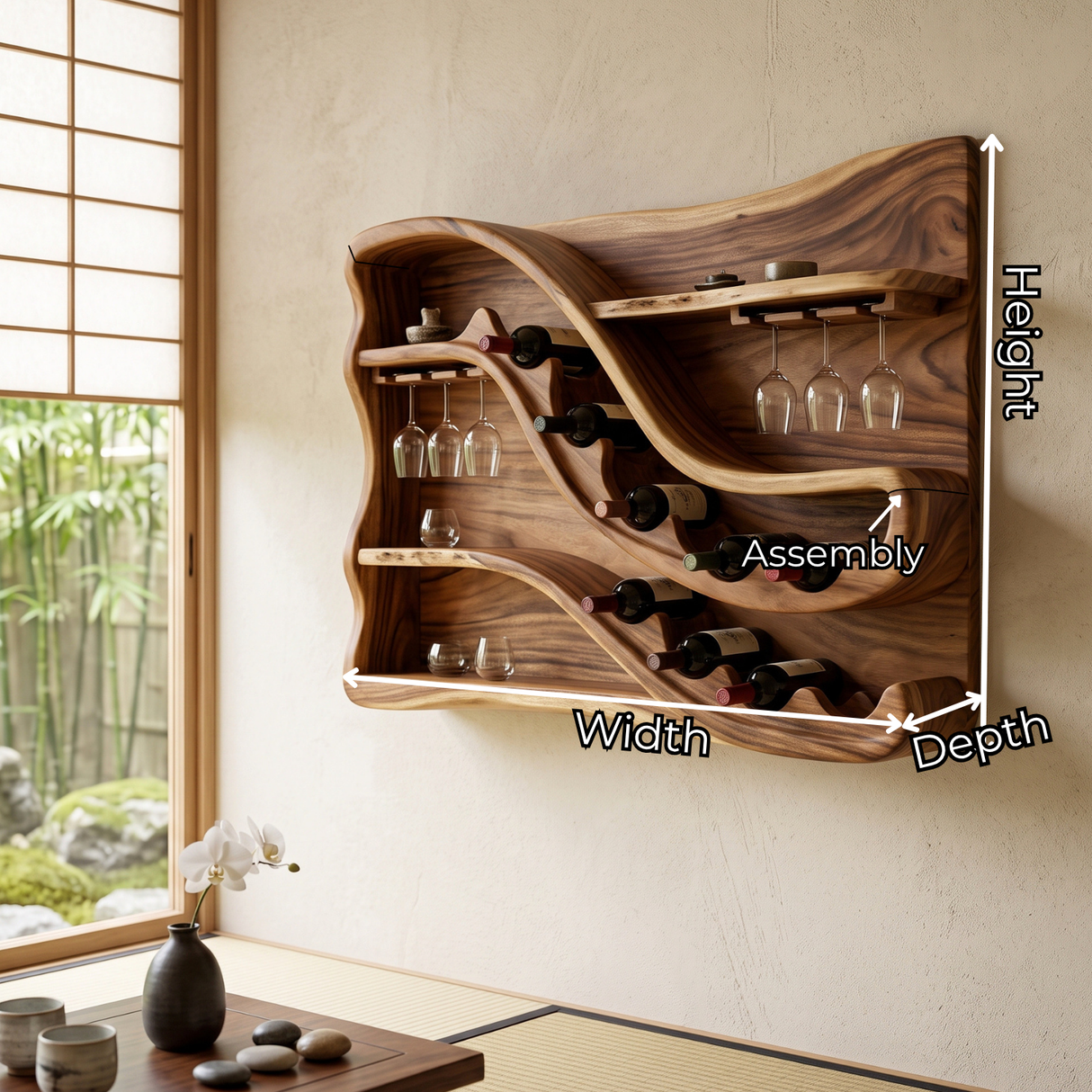 Wall Mounted Wine Rack Solid Wood with Sculptural Wave Shelves